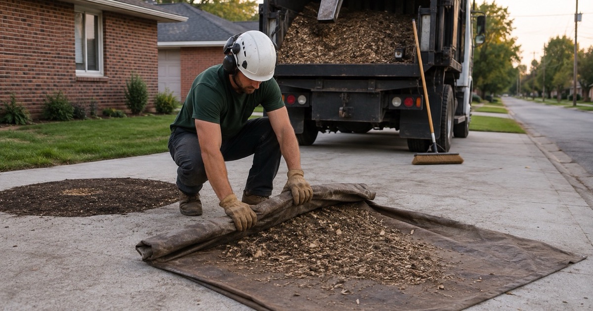 Worker rolling up the tarp hem on a Decatur driveway after clearing the last chips from a red maple removal.