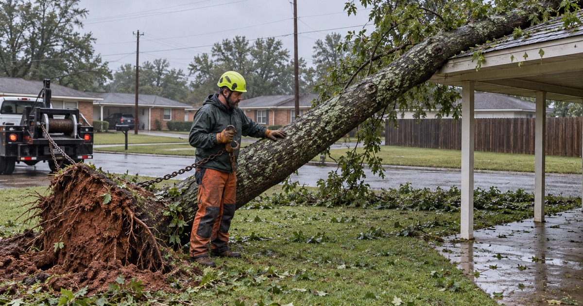 Worker setting a chain sling on a windthrown hackberry stem resting on a Decatur carport.