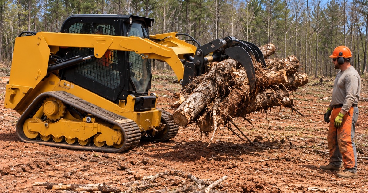 Worker guiding a cut sweetgum stem into the grapple of a track loader at a Decatur clearing windrow.