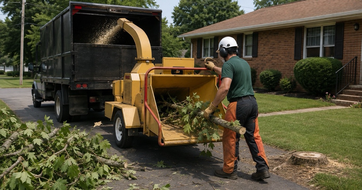 Worker feeding tulip poplar limbs into a chipper from the side of the infeed on a Decatur driveway.