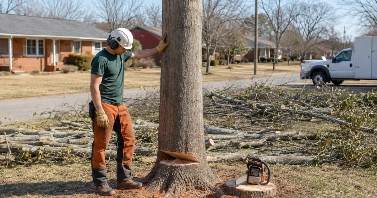 Worker checking the hinge on a Decatur white oak spar before the felling cut, on a flat valley-floor street of older brick houses.