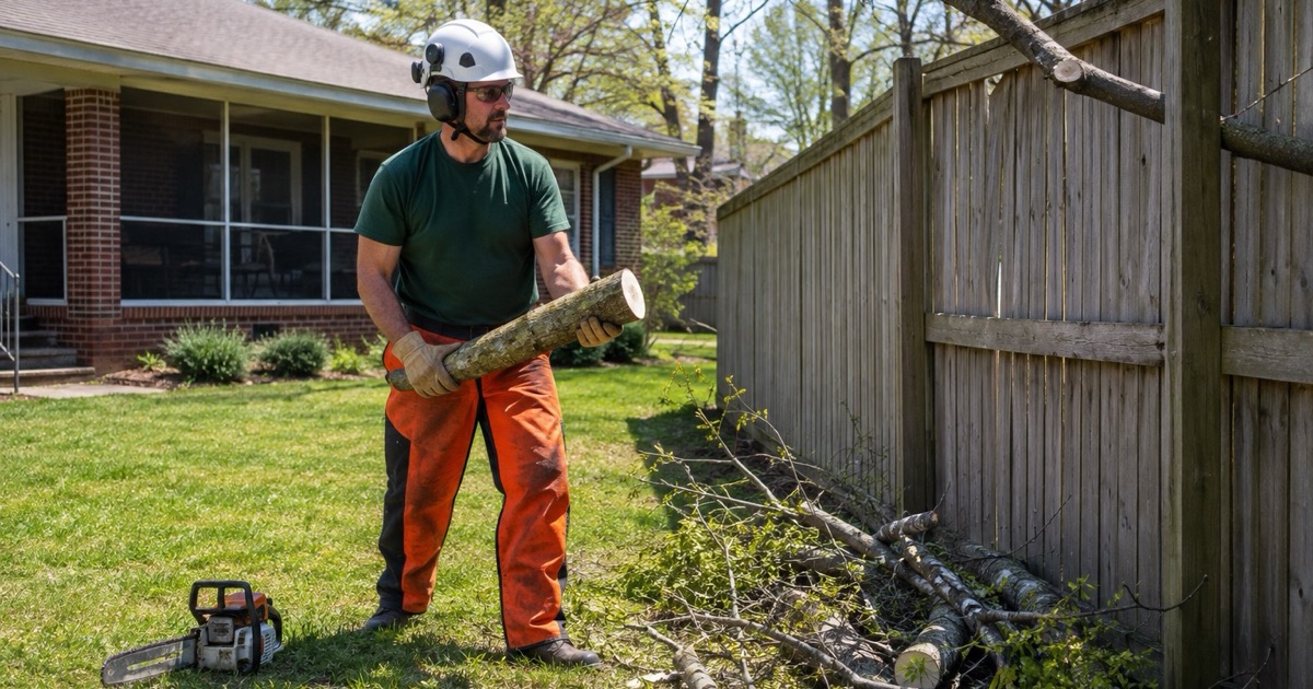 Worker holding a cut limb butt at the boundary between two Decatur back yards where a black cherry crosses the line.