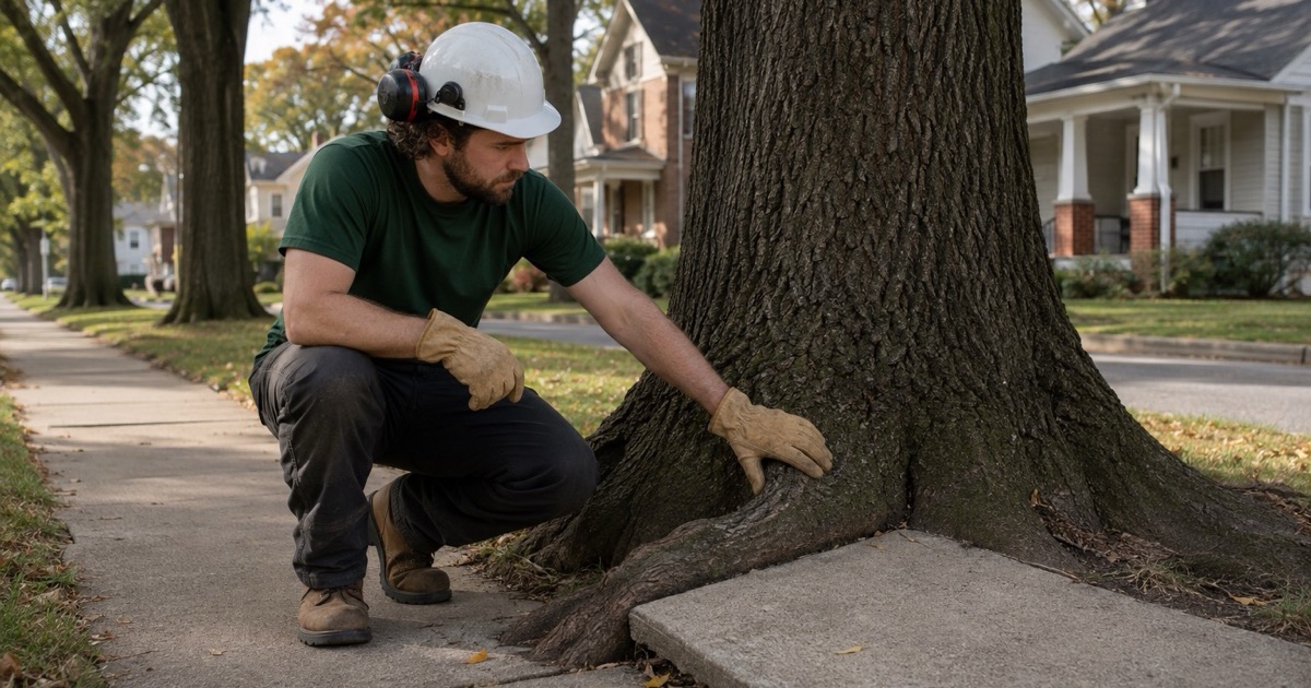 Worker examining the root flare of a willow oak on the verge strip between a Decatur sidewalk and curb.