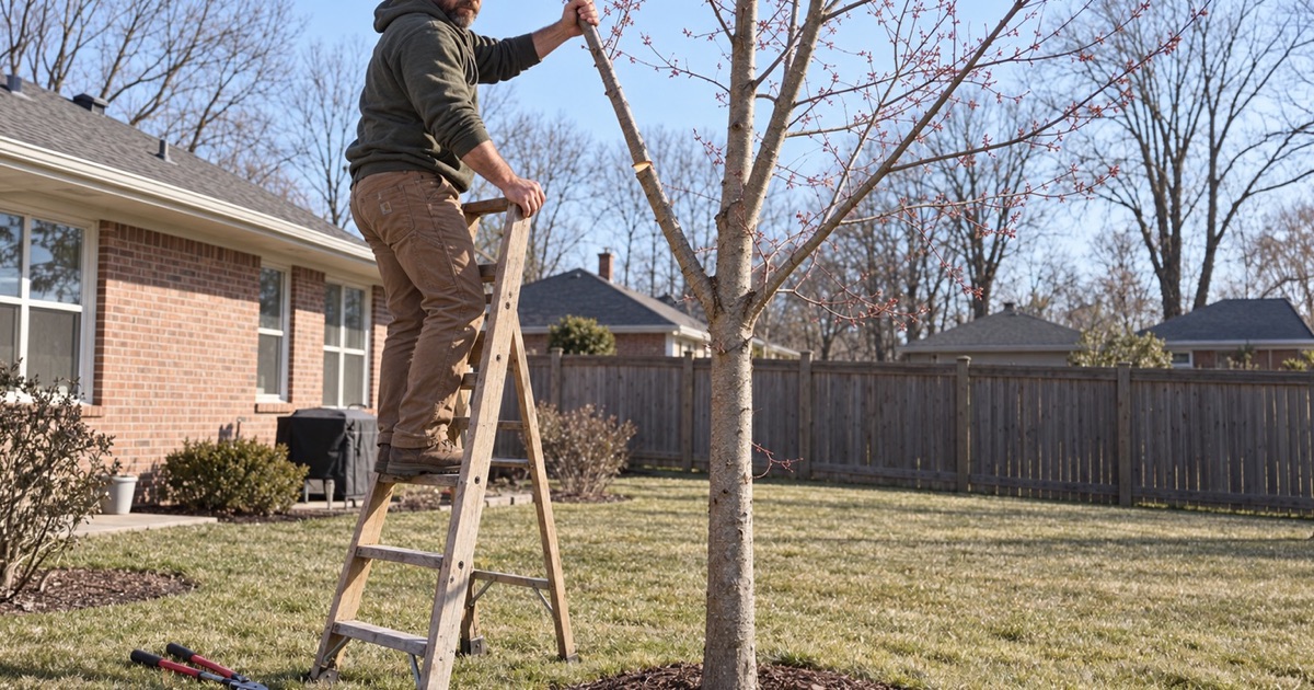 Worker on a ladder making a structural pruning cut on a young red maple in a Decatur back yard.